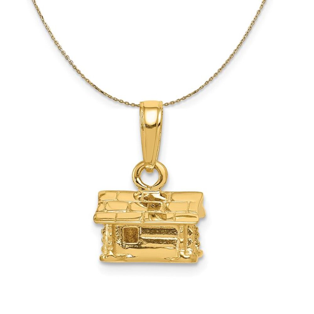 14k Yellow Gold Small 3D Log Cabin Necklace - 24 Inch